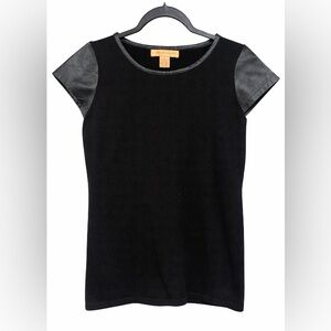Whyte NY Black Blouse Knit size small short sleeves Leather Trim polyester blend